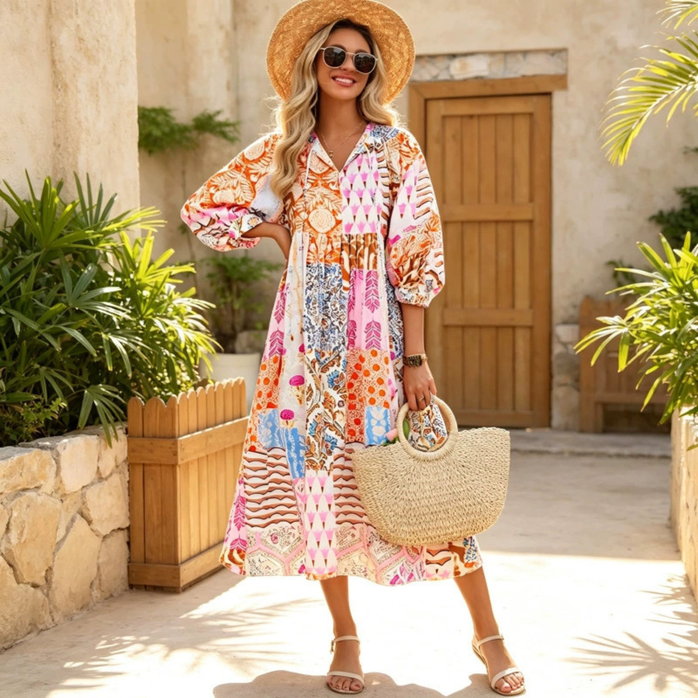 ZARA Spring Summer Bohemian Beach Maxi Dress Lantern Sleeve Sun Protection